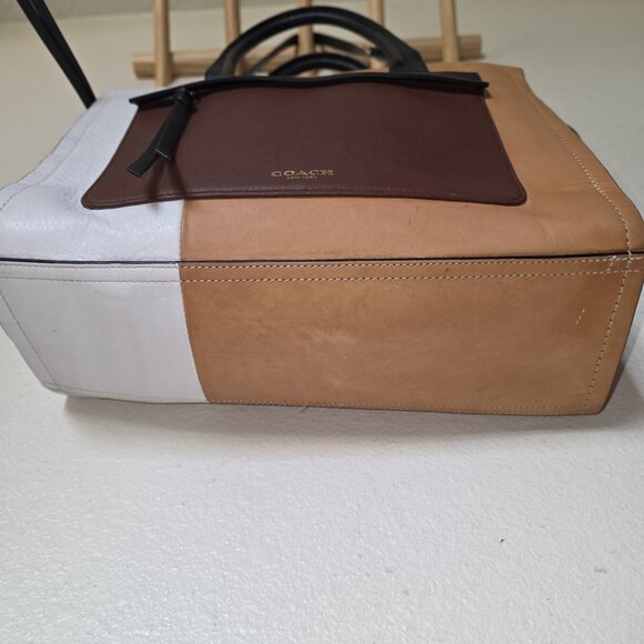 Coach Bleecker Riley 30150 Colorblock Leather Satchel Tote Bag Tan Black White - Picture 9 of 16